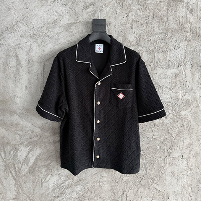 casablanca black jacquard terry piped trim camp collar shirt